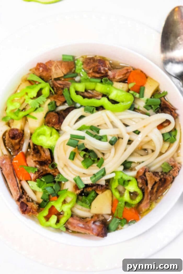 Velvet Oxtail Pho 2 A bowl of oxtail pho brimming with vegetables, beef, and chives, garnished with green peppers.