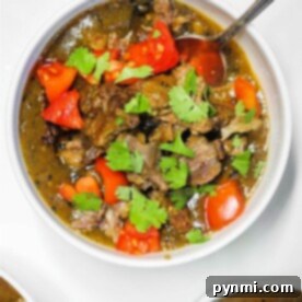 Slow-Simmered Oxtail Curry 5 A bowl of hearty beef stew with chunks of tender beef, oxtail curry flavors, red tomatoes, and vibrant cilantro leaves, served with a spoon.