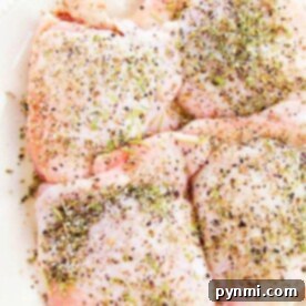 Raw chicken thighs seasoned with herbs and spices are neatly arranged on a white plate, ready to be transformed. Wondering how long to cook chicken thighs on the stove? Just a sizzle in the pan will bring these flavors to life perfectly.