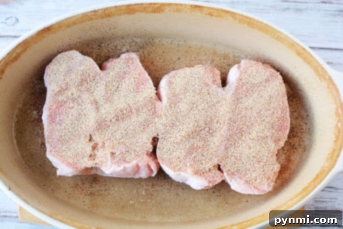 Three uncooked, seasoned frozen pork chops sit in an oval ceramic baking dish on a wooden surface, ready to be transformed into a delicious meal when baked in the oven.