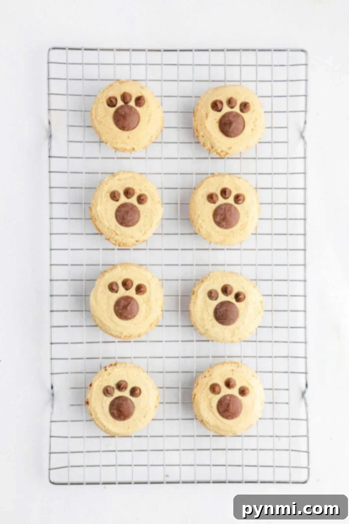 Buttery Pecan Cookie Bliss 2 Eight butter pecan Cookies with paw print designs rest on a cooling rack, viewed from above on a white background.
