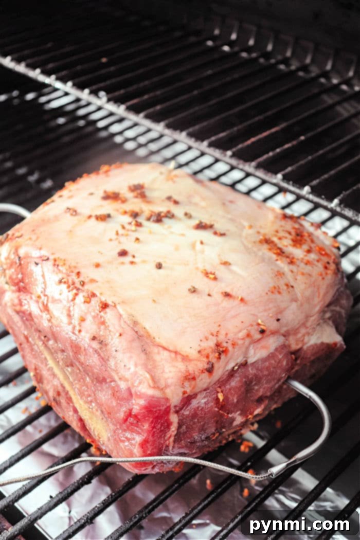 Slow-Smoked Pork Perfection 4 A large smoked pork roast resting on the grates of a Traeger pellet grill, exhibiting a beautiful dark, smoky crust. The grill's lid is open, revealing the meat in its cooking environment, bathed in gentle smoke.