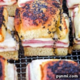 Air Fryer Sandwich Creations 6 Square Air Fryer Sandwiches with melted cheese, ham, and poppy seeds on golden bread, placed on a cooling rack.