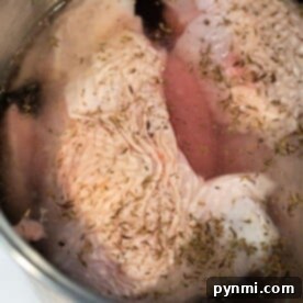 Raw turkey pieces in a pot with water and herbs, creating a simple turkey brine-inspired base, ready for cooking.