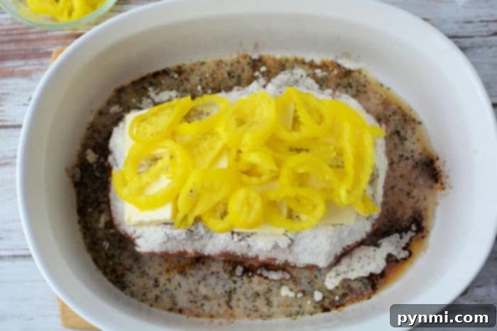 A vibrant collection of Mississippi Pork Roast ingredients laid out on a kitchen counter, featuring a pork roast, a stick of butter, a packet of ranch dressing mix, a packet of au jus mix, a jar of pepperoncini peppers, and a measuring cup with broth.