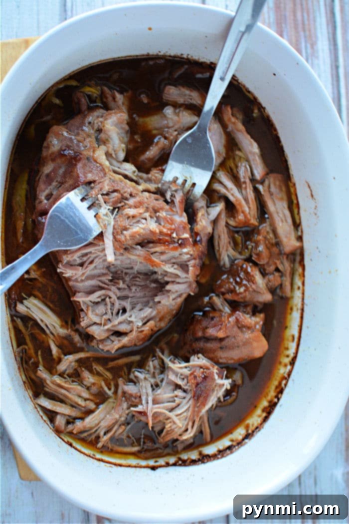 A close-up of a plate laden with shredded Mississippi Pulled Pork, generously coated in its flavorful gravy. The succulent meat appears ready to be enjoyed, promising a rich and satisfying meal.