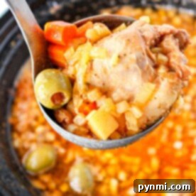 A ladle holding guisado de pollo with chicken, carrots, olives, and potatoes hovers above a simmering pot.