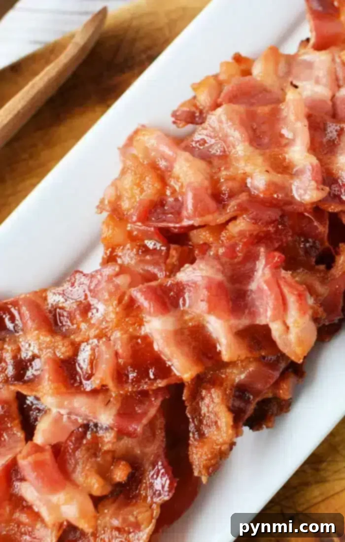 A plate of cooked, crispy bacon strips is arranged on a white rectangular platter. The bacon looks glossy and browned, ready to be enjoyed as a delicious breakfast or side dish.