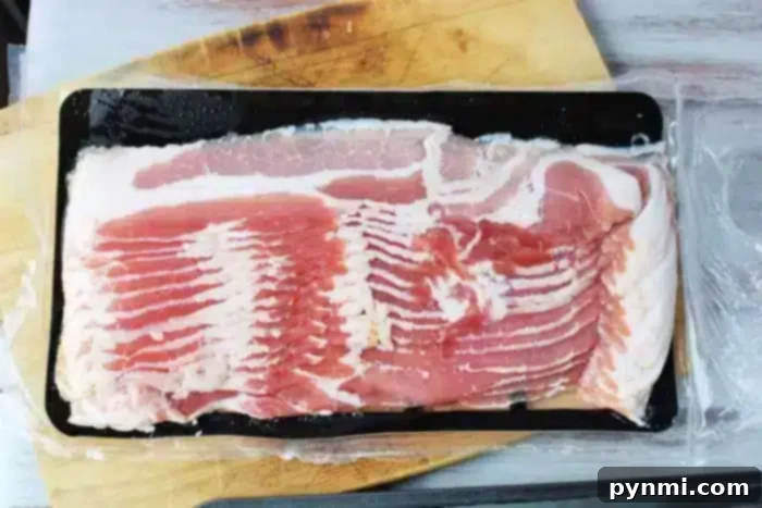 A sealed package of uncooked bacon strips is placed on a wooden cutting board, showcasing the raw product before preparation.
