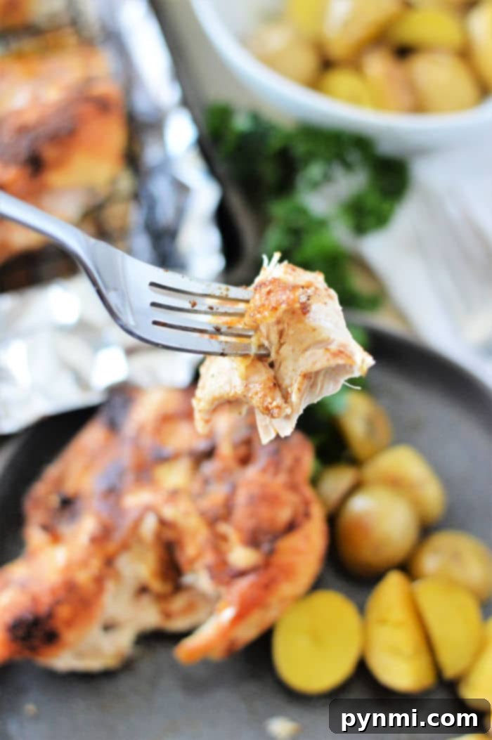 Succulent Bone-In Chicken Breast Recipes 4 Close-up of a meat thermometer inserted into a cooked bone-in chicken breast to check temperature