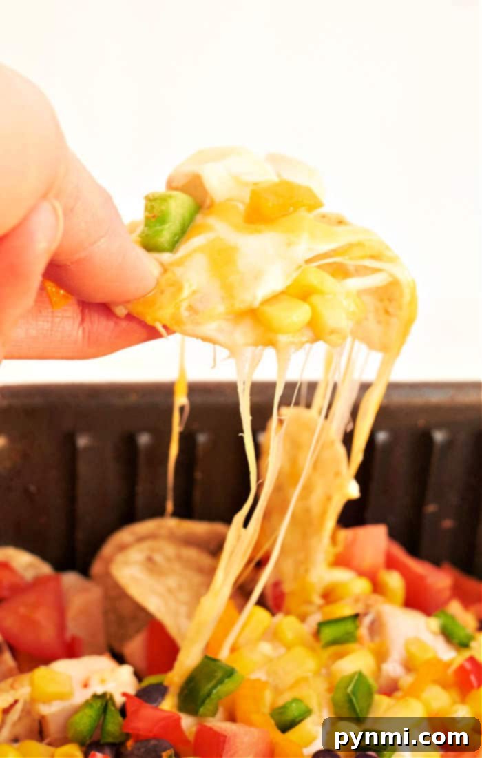 Ninja Foodi Nachos, a close-up shot of crispy tortilla chips loaded with melted cheese and fresh toppings.