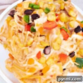 A plate of cheesy ninja foodi Nachos topped with black beans, corn, diced bell peppers, and jalapeños.
