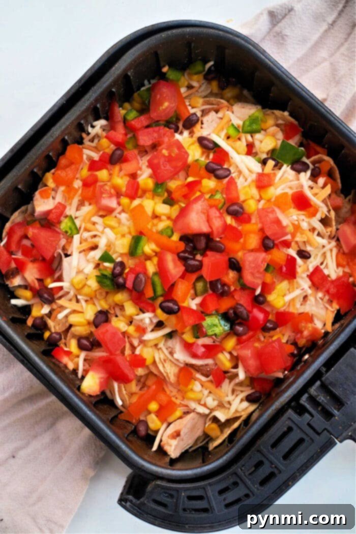 Ninja Air Fryer Chicken Nachos, a close-up of a fully loaded basket of nachos with chicken and various toppings.