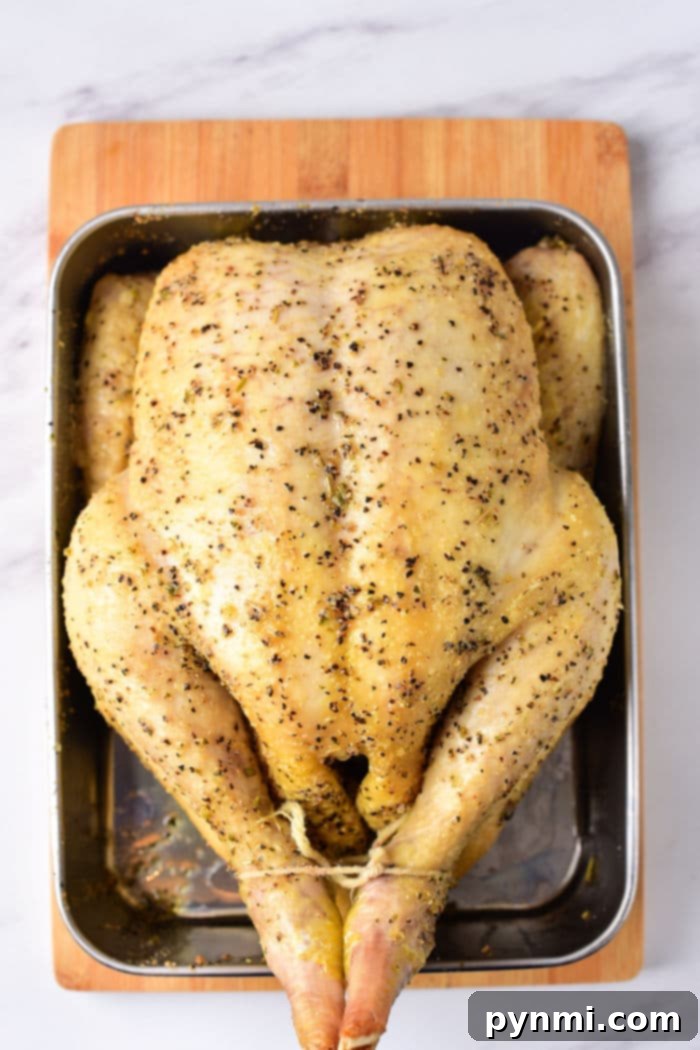 A close-up of a roasted whole chicken, perfectly golden and crispy, adorned with fresh herbs. It's resting in a pan, surrounded by delicious pan juices, ready for carving. This image exemplifies an ideal baked whole chicken at 350°F.