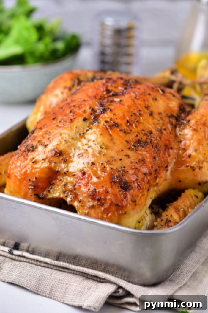 A whole roasted chicken, golden brown and perfectly cooked, rests in a baking dish inside an oven. The warm glow of the oven highlights its crispy skin, showcasing an ideal baked whole chicken at 350 degrees F.