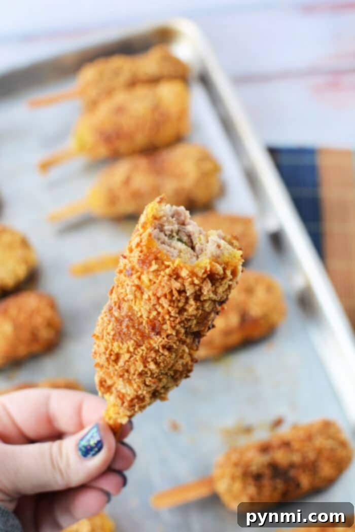 Delicious Homemade Vegan Drumsticks 2 A hand holds a mock chicken leg with a bite taken out, revealing sausage inside. Nearby, mock chicken legs rest on a baking sheet, tantalizingly golden and ready to enjoy.