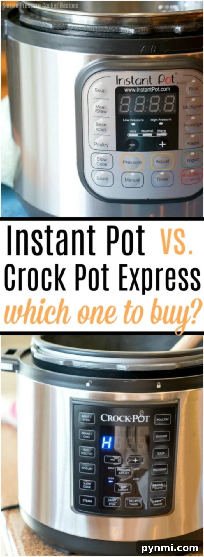 Instant Pot vs Crock Pot Express: A side-by-side comparison of two popular electric pressure cookers on a kitchen counter, highlighting their design and features.