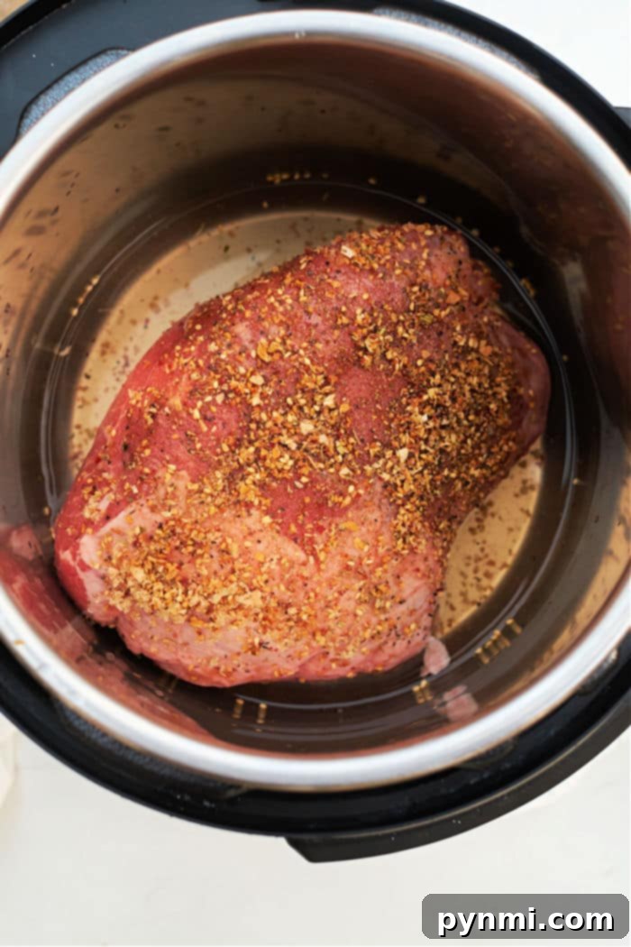 Quick & Tender Instant Pot Sirloin Tip Roast 5 Pressure Cooker Sirloin Tip Roast coated with dry rub