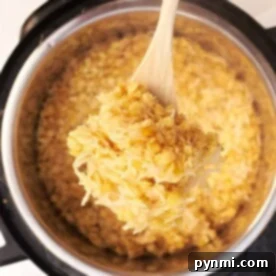 A wooden spoon artfully lifts a savory blend of lentils and rice from the Instant Pot.