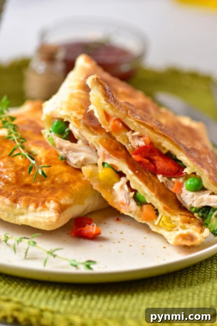 Four golden Air Fryer Chicken Pot Pie Hand Pies ready to be served, showcasing their flaky crusts.