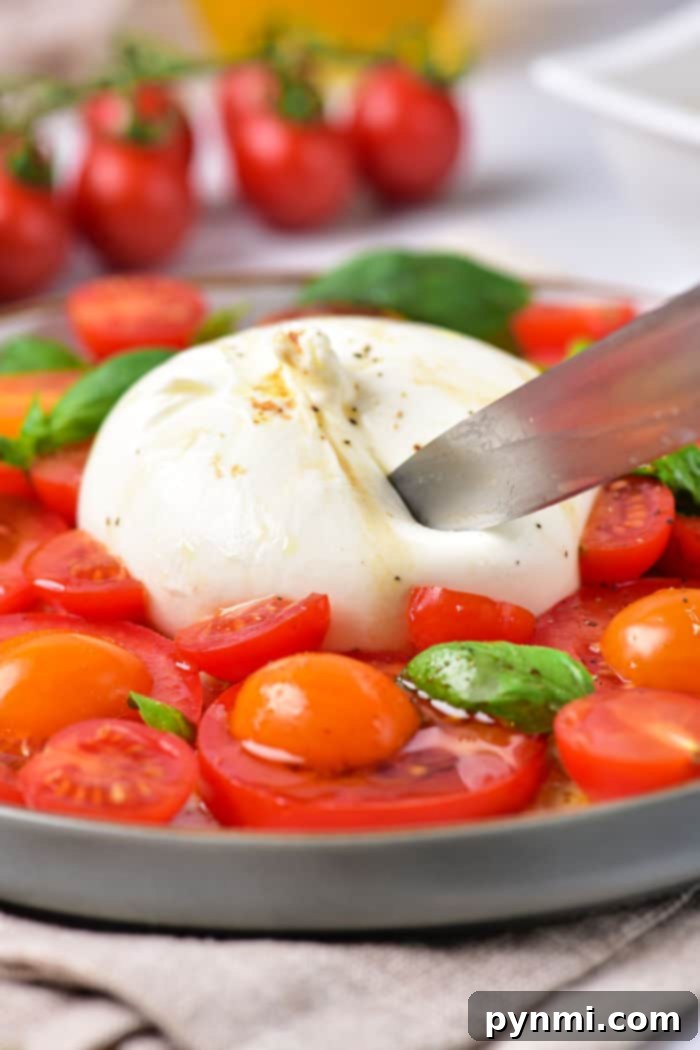 Creamy Burrata Caprese appetizer with vibrant red and yellow tomatoes and fresh basil leaves, drizzled with balsamic glaze.