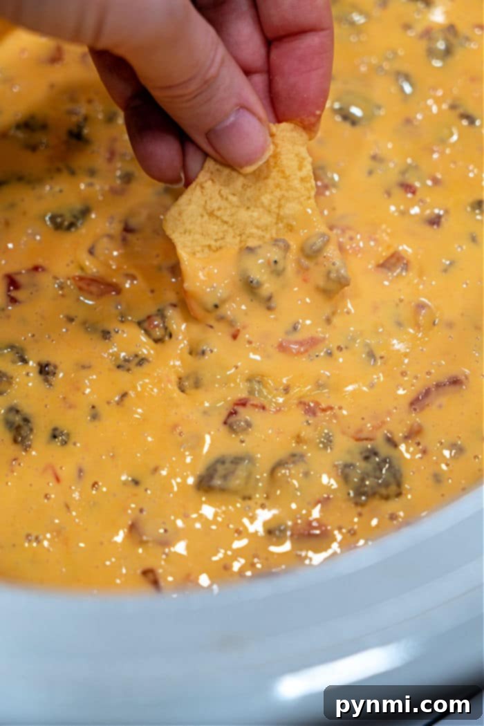 Creamy Velveeta Sausage Rotel Dip 2 Creamy Velveeta Sausage Dip with Rotel, served in a bowl with tortilla chips.