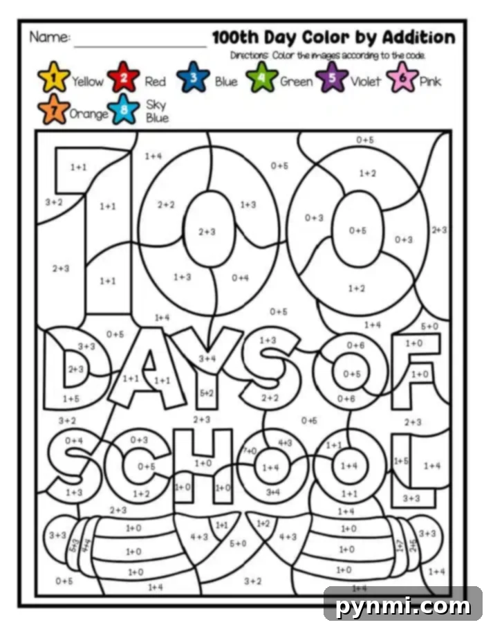 Fun 100th Day of School Printables 2 Explore our vibrant 100 Days of School Printables with a color-by-addition worksheet. This engaging activity transforms numbers into colors like yellow, red, and blue, corresponding to sums from 2 to 9, all woven into a festive design celebrating the milestone.