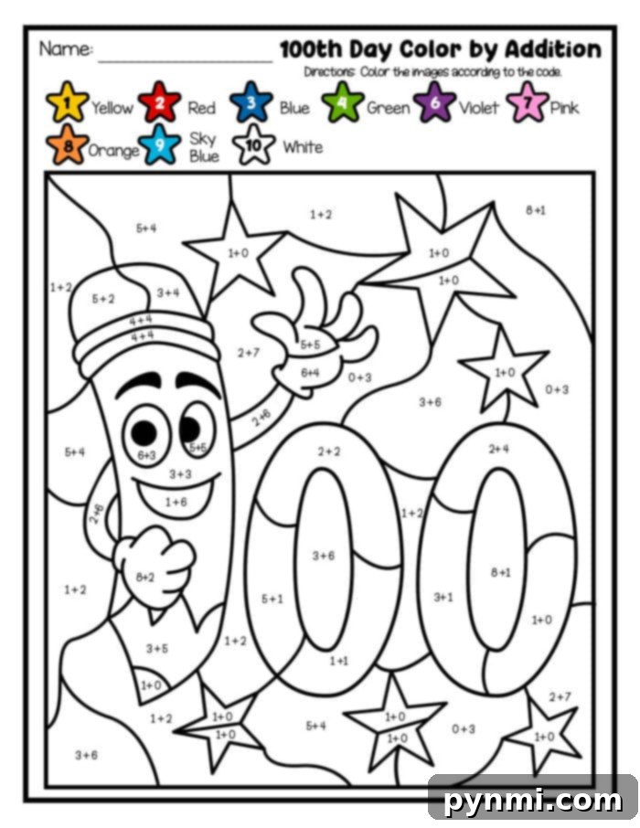 Fun 100th Day of School Printables 3 A vibrant 100 Days of School Color by Number worksheet, blending math problems with creative coloring.
