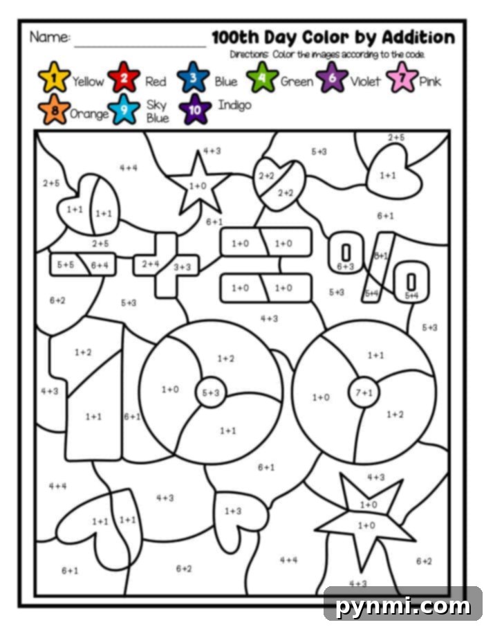 Fun 100th Day of School Printables 6 A vibrant and engaging School Color by Number activity, perfect for educational fun.