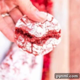 A hand holding a cracked cake mix red velvet crinkle cookie, dusted with powdered sugar.