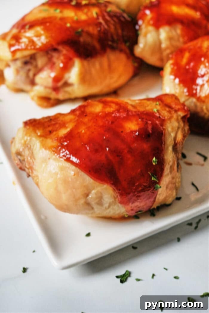 Perfectly Glazed Oven Baked BBQ Chicken Thighs 2 BBQ Chicken Thighs in Oven - perfectly glazed and golden brown with fresh herbs