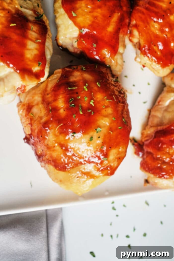 Perfectly Glazed Oven Baked BBQ Chicken Thighs 5 Baked BBQ Chicken - presented on a serving tray with fresh parsley garnish