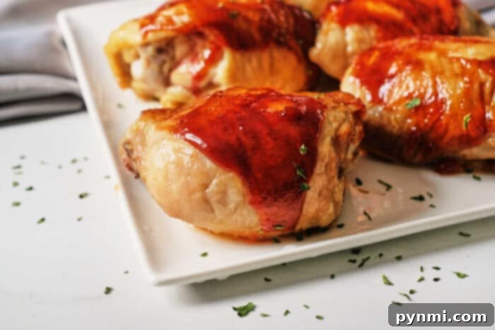 Perfectly Glazed Oven Baked BBQ Chicken Thighs 6 BBQ Chicken in Oven - deliciously saucy chicken thighs close-up