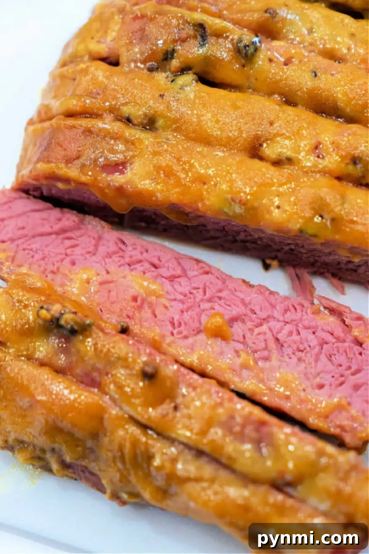 A close-up of perfectly sliced corned beef topped with a golden mustard sauce, revealing a pink, juicy interior. The tender texture and caramelized sauce make for an irresistible presentation, showcasing how to cook corned beef in the oven to perfection.
