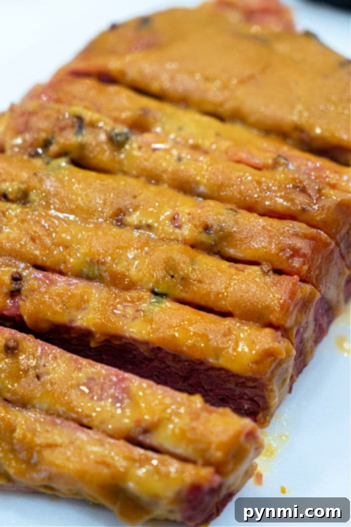 Close-up of perfectly sliced corned beef, baked in the oven, with a golden mustard crust. The neat arrangement on a white cutting surface highlights the tender, juicy texture.