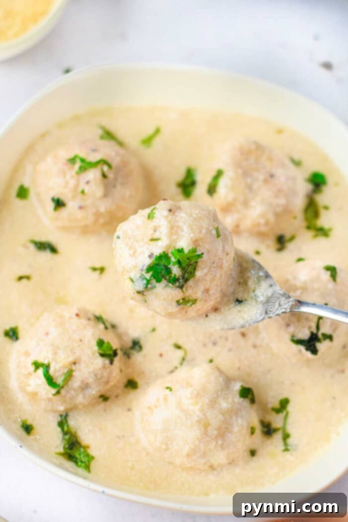 A bowl of creamy white sauce with meatballs, garnished with chopped herbs. A spoon lifts one Alfredo meatball, enticing you to savor its rich flavor.