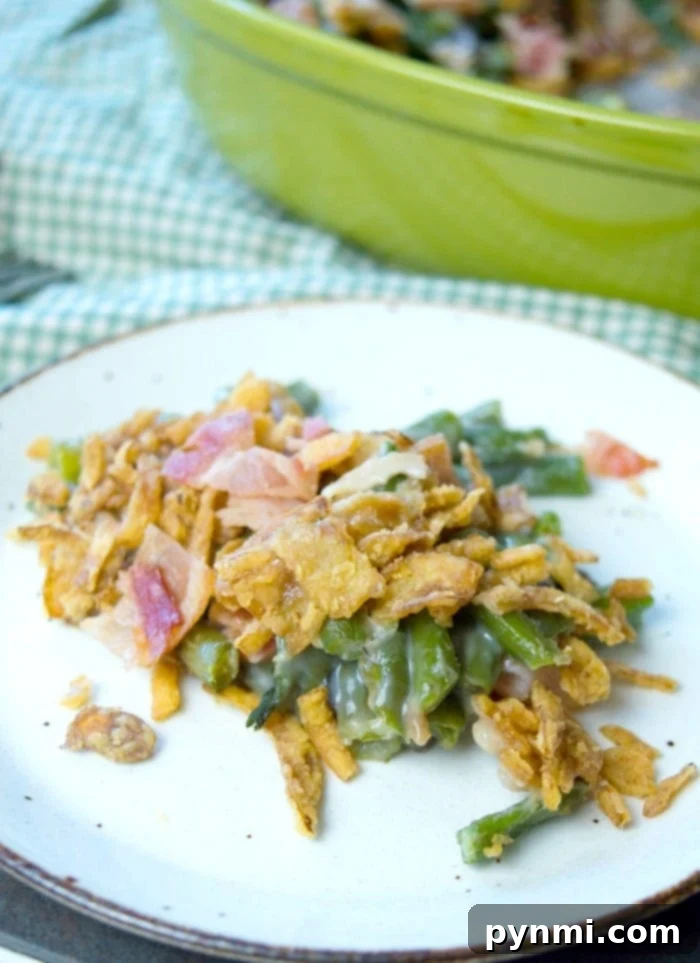 Creamy Green Bean Casserole with Bacon and golden fried onions