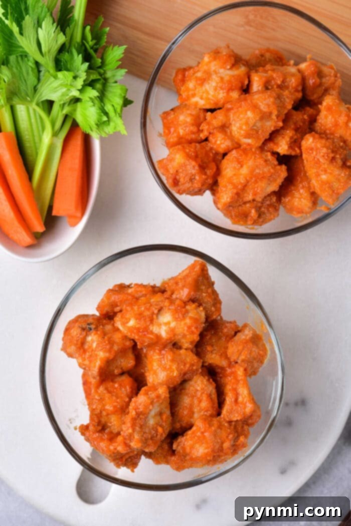 Crispy Air Fryer Chicken Bites without Breading, tossed in Buffalo sauce and garnished with celery and ranch