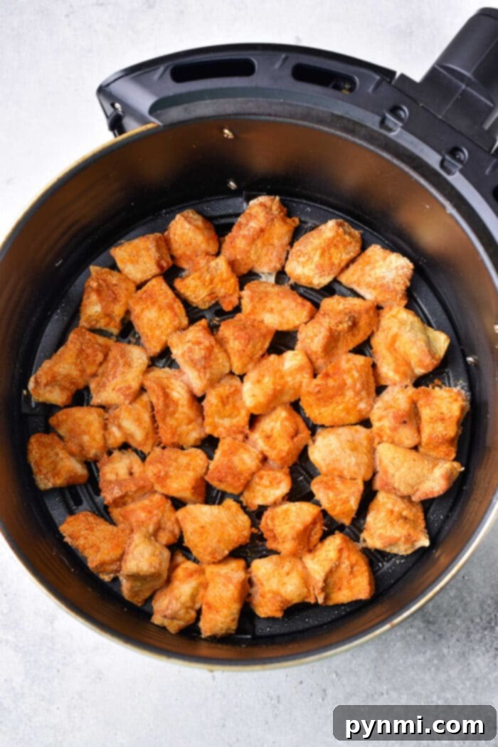 Plate of Air Fried Chicken Bites with sauce and garnish, ready to serve