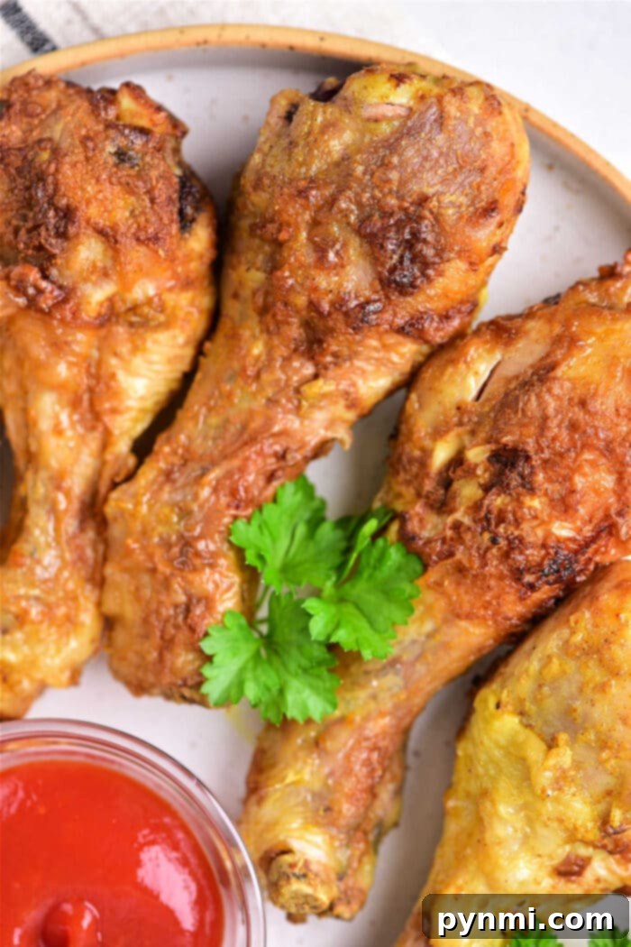 Crispy Air Fryer Curry Chicken 2 Golden brown air fryer curry chicken legs stacked on a white plate