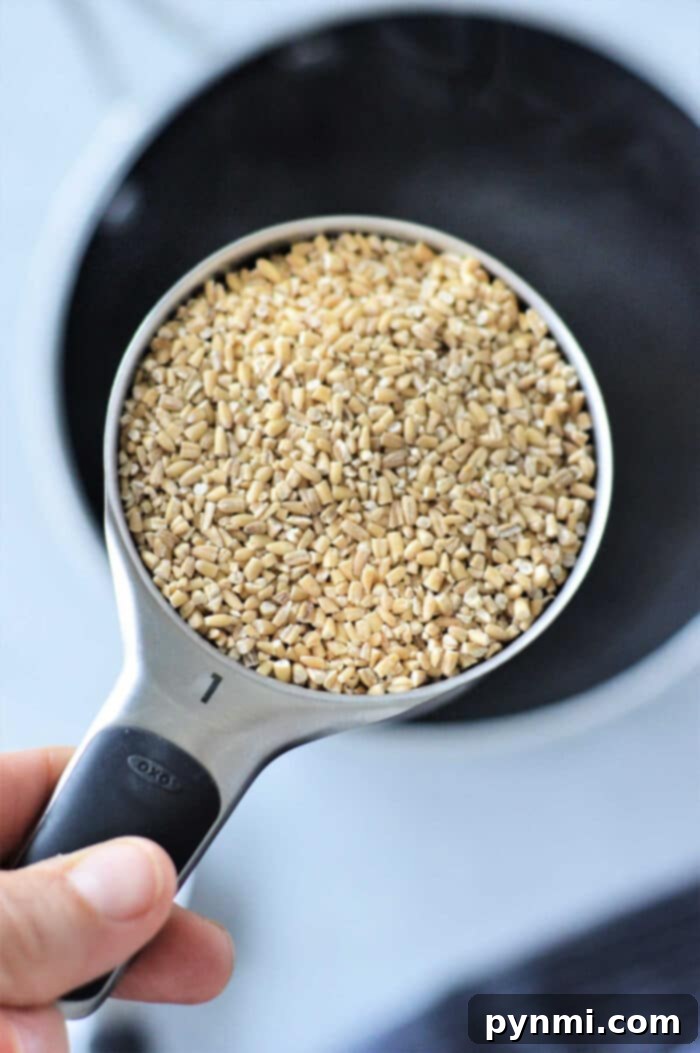 Close-up of a hand holding a measuring cup filled with steel-cut oats over a pot, demonstrating the first step in how to cook steel-cut oats perfectly.