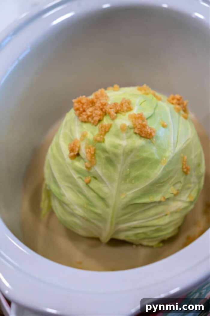 Perfect Slow Cooker Whole Cabbage 4 A whole head of cabbage in a slow cooker, delightfully topped with fragrant minced garlic, ready for cooking.
