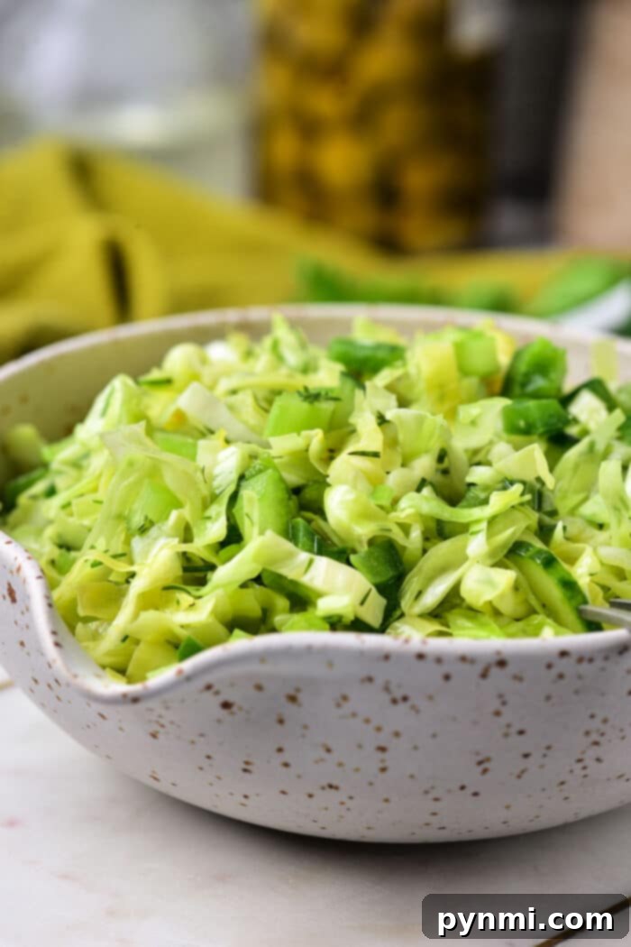 Effortless Asian Cabbage Slaw 6 A close-up of a refreshing cabbage salad, showcasing finely shredded green cabbage, cucumber, and herbs tossed with dressing.