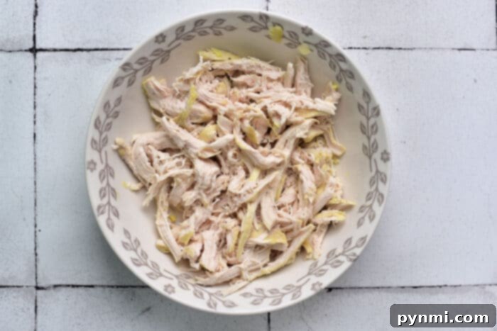 Fluffy, perfectly shredded rotisserie chicken, ready to be added to a hearty soup, creating a rich and flavorful broth.