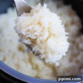 A spoon lifts a serving of perfectly cooked white rice from the pot, demonstrating how to cook rice in an Instant Pot without sticking.