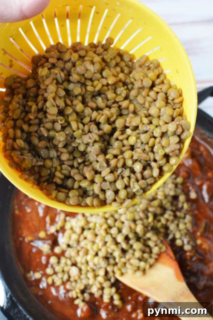 Close-up of a spoonful of Lentil Sloppy Joes mixture being scooped from a skillet.