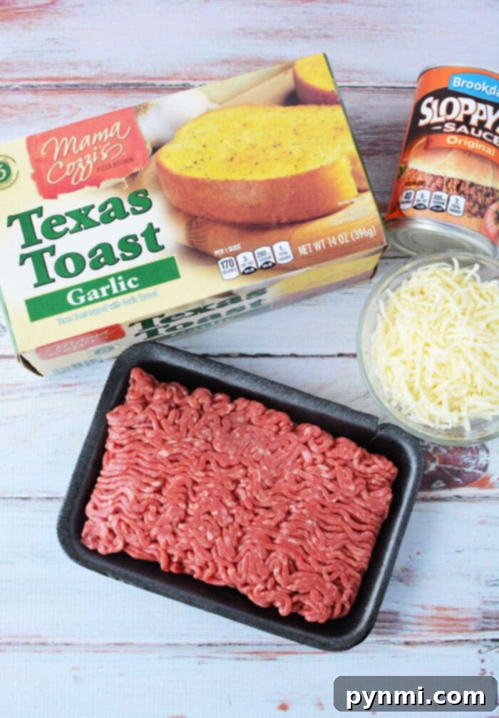 Ultimate Texas Toast Sloppy Joes 3 Sloppy Joes on Texas Toast, showcasing the generous meat filling on toasted garlic bread.