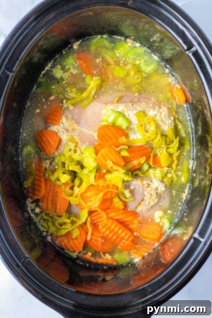 Homestyle Slow Cooker Chicken and Egg Noodles 4 Reames frozen egg noodles mixed with shredded chicken in a slow cooker, garnished with fresh parsley.