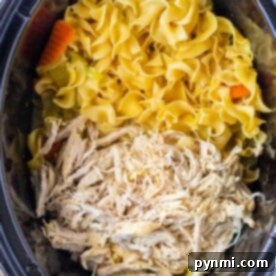 A slow cooker with egg noodles and chicken, complemented by tender shredded chicken, carrots, and celery.