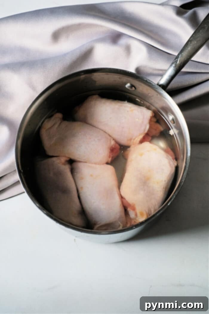 Frozen chicken thighs resting in a metal pot filled with water on a marble surface, ready to be boiled for a tender, flavorful meal. Ideal for those wondering 'Can you boil frozen chicken?'
